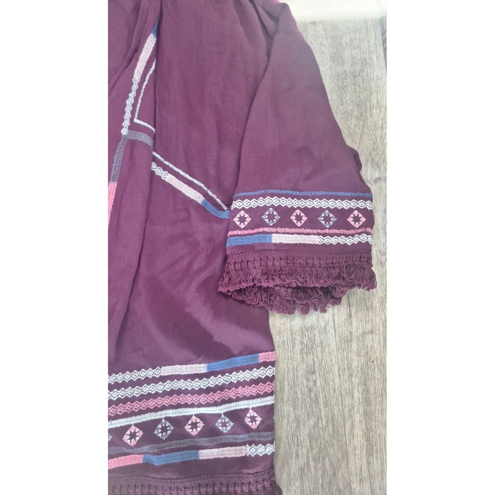 Knox Rose Desert Sunset Kimono Burgundy‎ Boho Embroidered Fringe Tassel Small - Picture 6 of 8